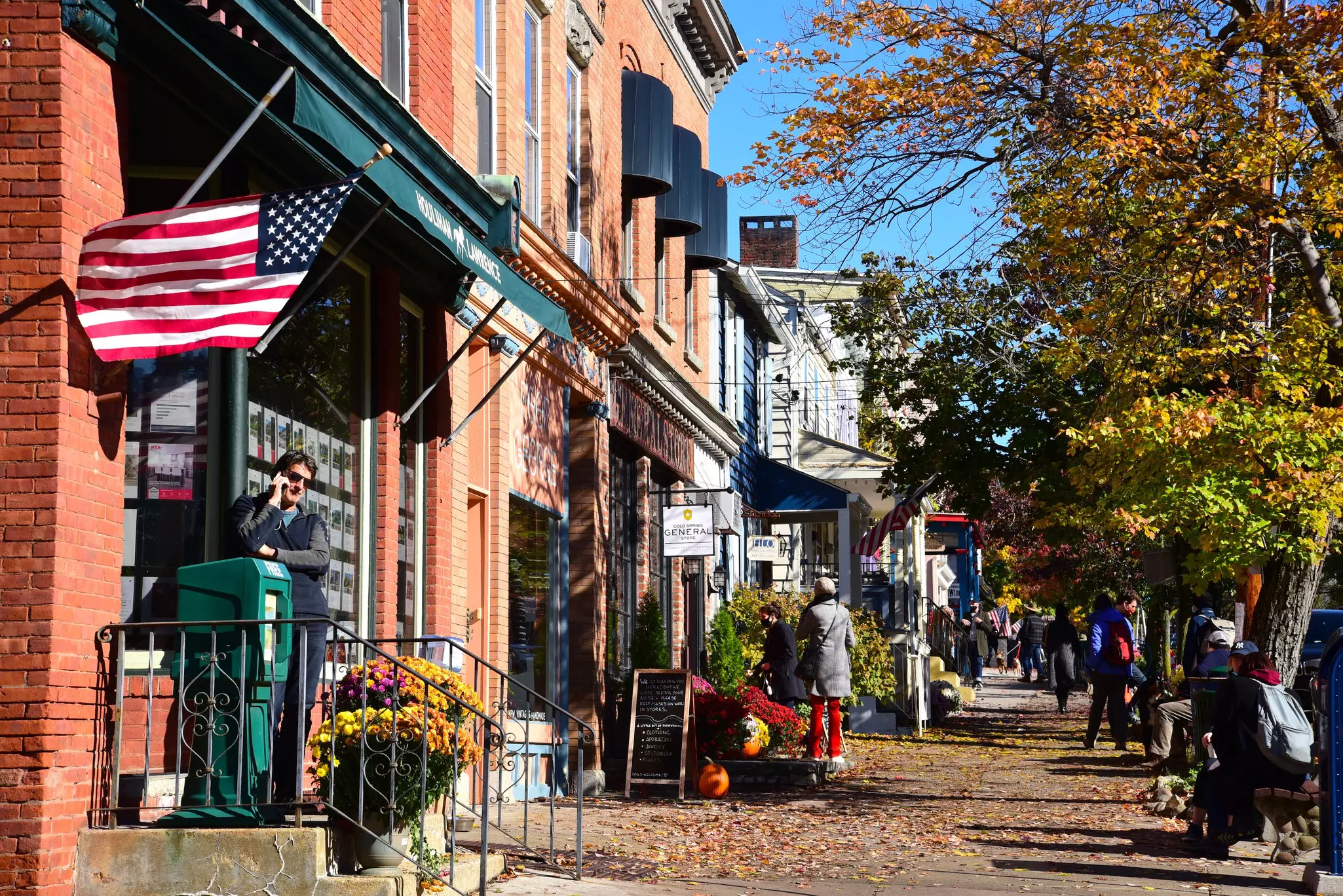 Sidewalk scene in Cold Spring, NY on a crisp Fall day