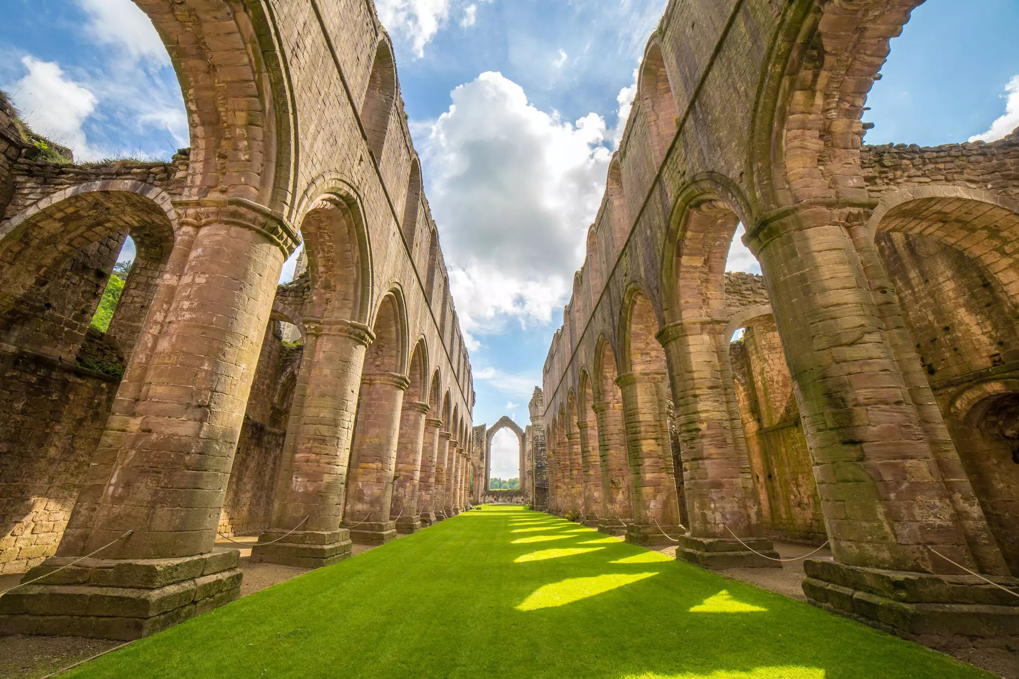 The ruins of Fountains Abbey in North Yorkshire, England.