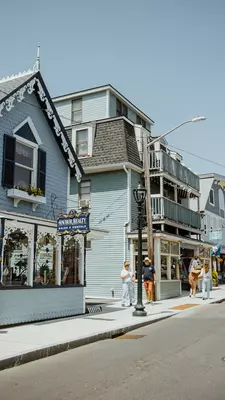 Beautiful colourful gingerbread houses, cottages in Oak Bluffs center, Martha's Vineyard island in Massachusetts USA on a sunny summer day