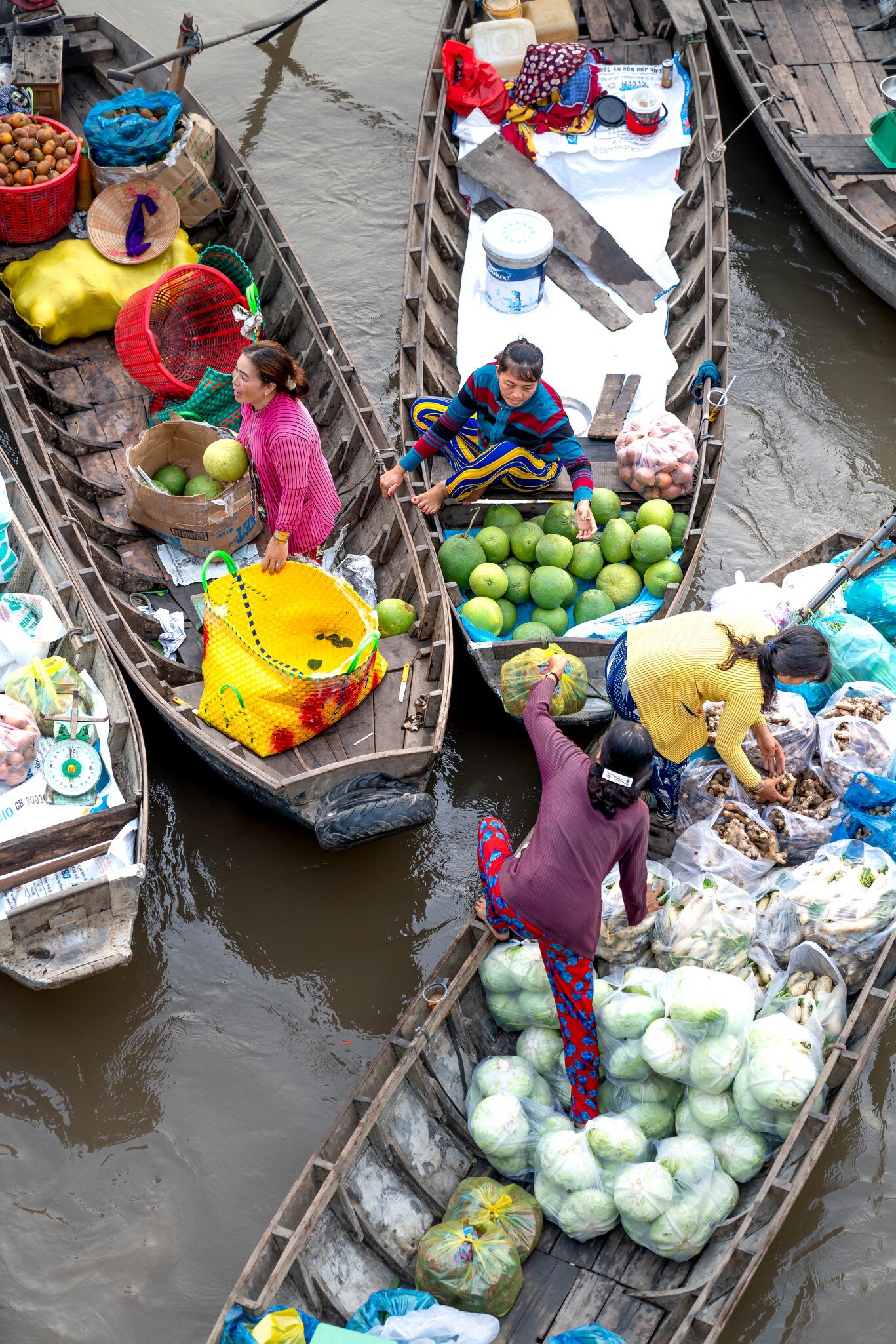 Aerial view of the Phong Dien Floating Market in Can Tho, Vietnam.