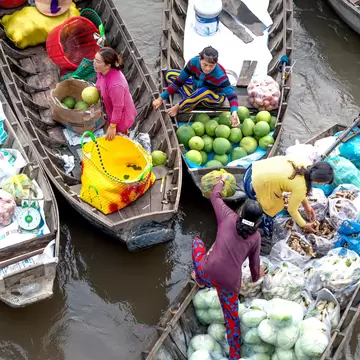 Aerial view of the Phong Dien Floating Market in Can Tho, Vietnam.