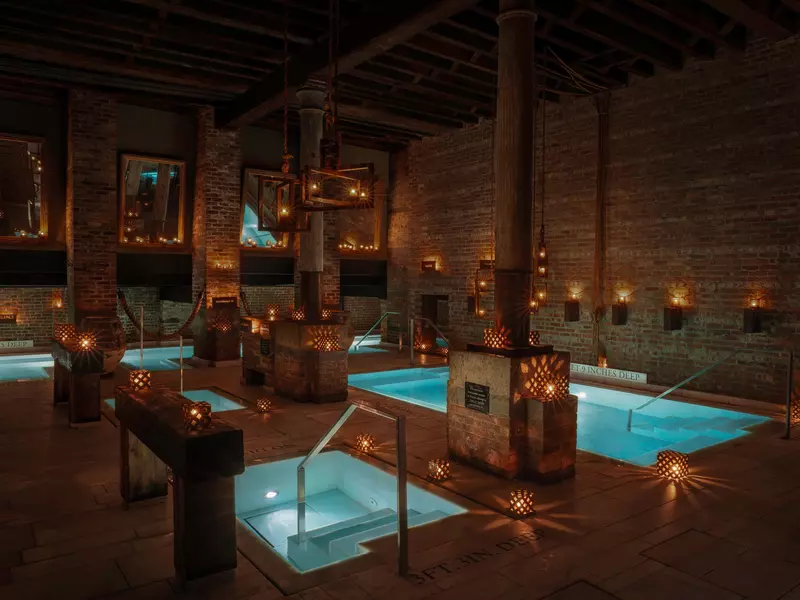 Downstairs baths, including cold plunges, a hot pool and a body temperature pool.