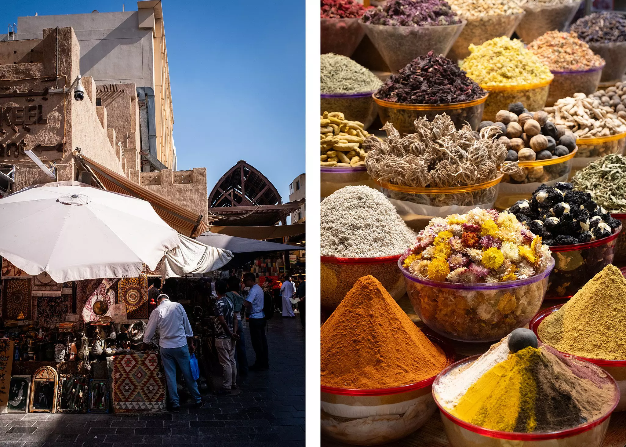 Left, a vendor at a souk sells rugs; right, close up of spices for sale at a souk