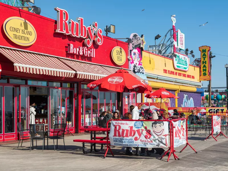 Restaurants on the boardwalk at Coney Island. 