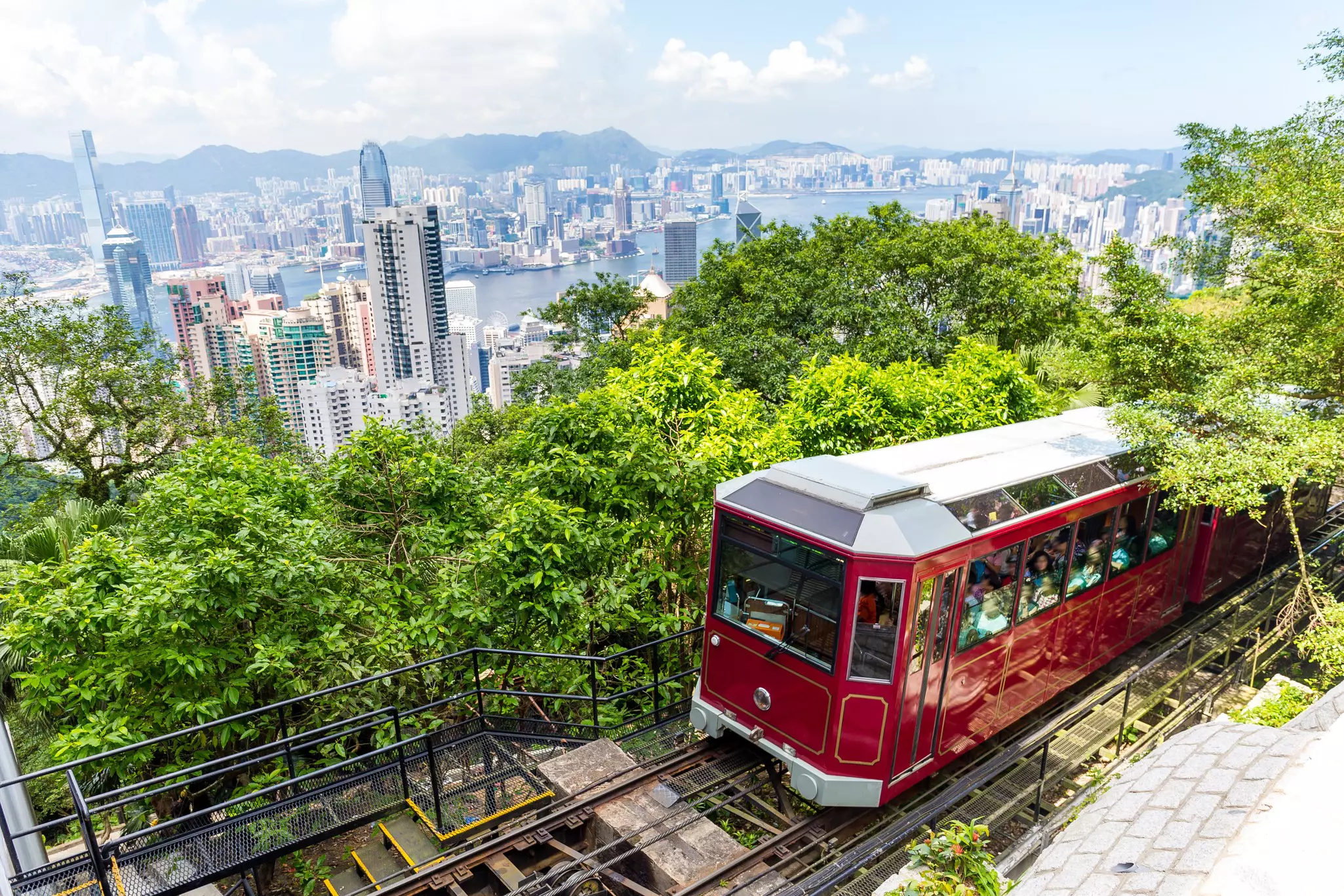 Views of the Hong Kong skyline from the Peak Tram on Victoria Peak.