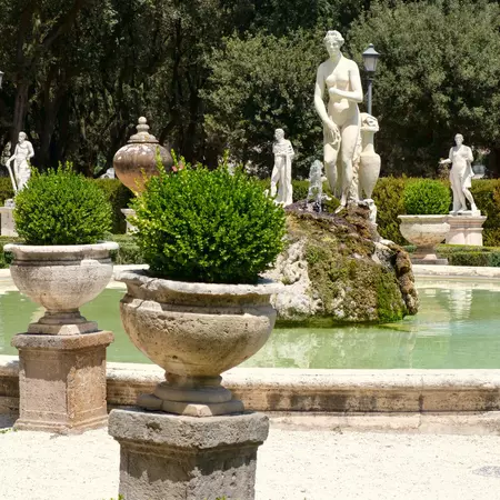 Gardens and fountain outside Villa Borghese in Rome. 