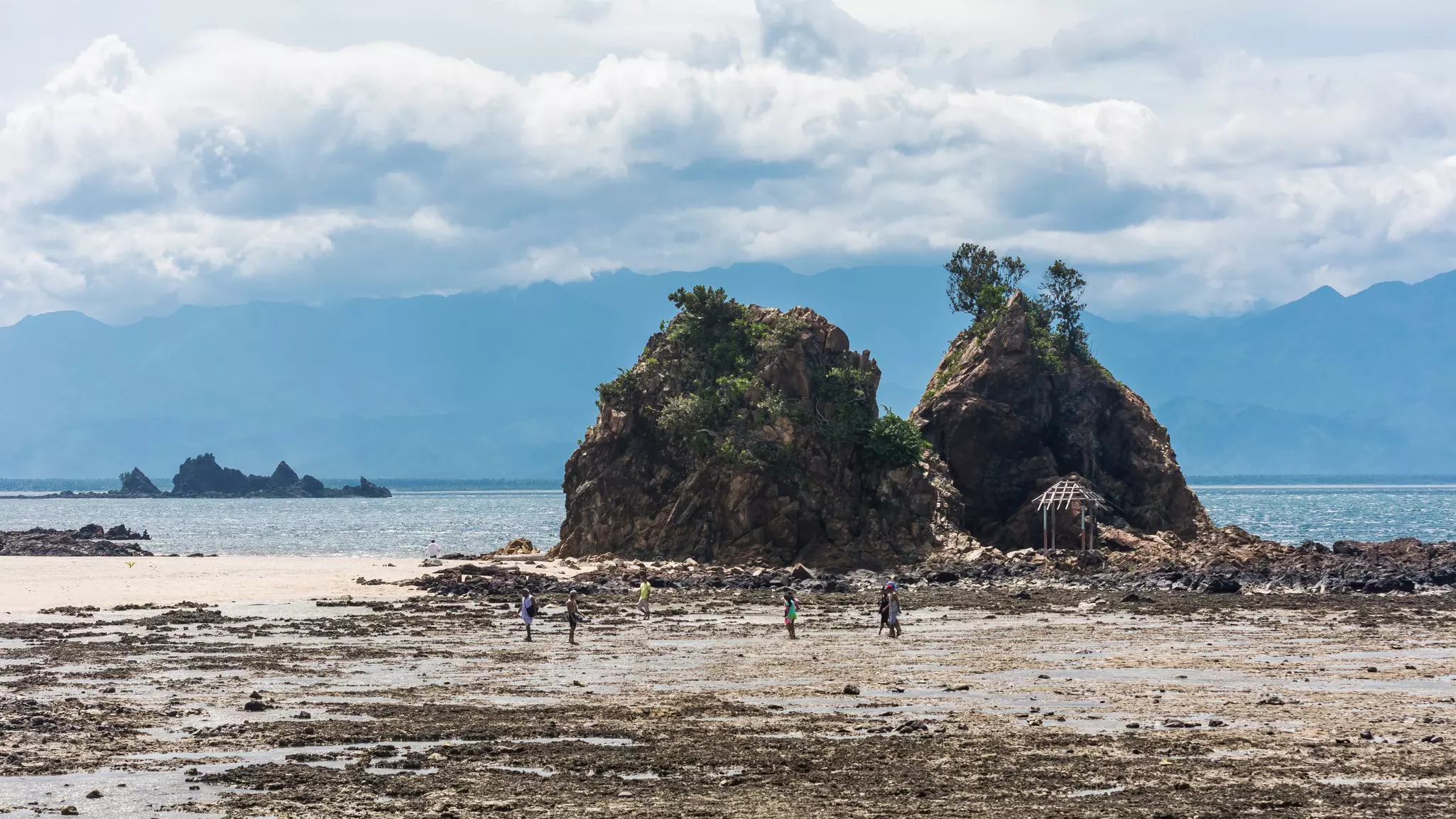 People wander the shore at low tide in front of a rocky islet.