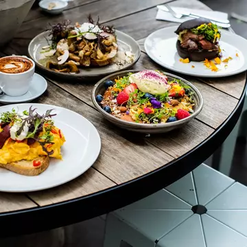 Closeup of a Kangaroo burger topped with sauce, greens and onions and a side of french fries