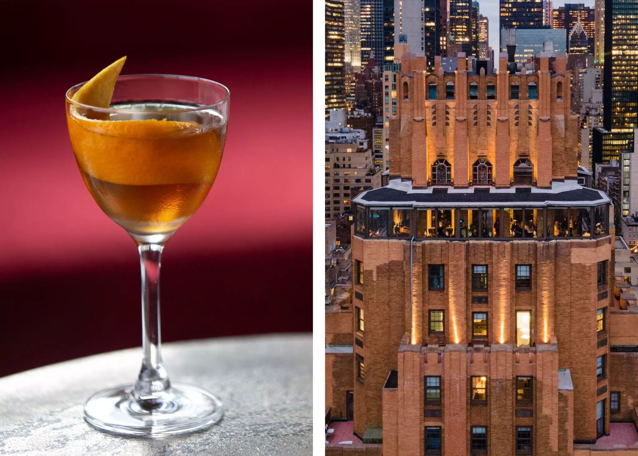 A panel of two photos with a clear glass holding amber liquid and a strip of orange peel on the left and a skyscraper in early evening on the right.