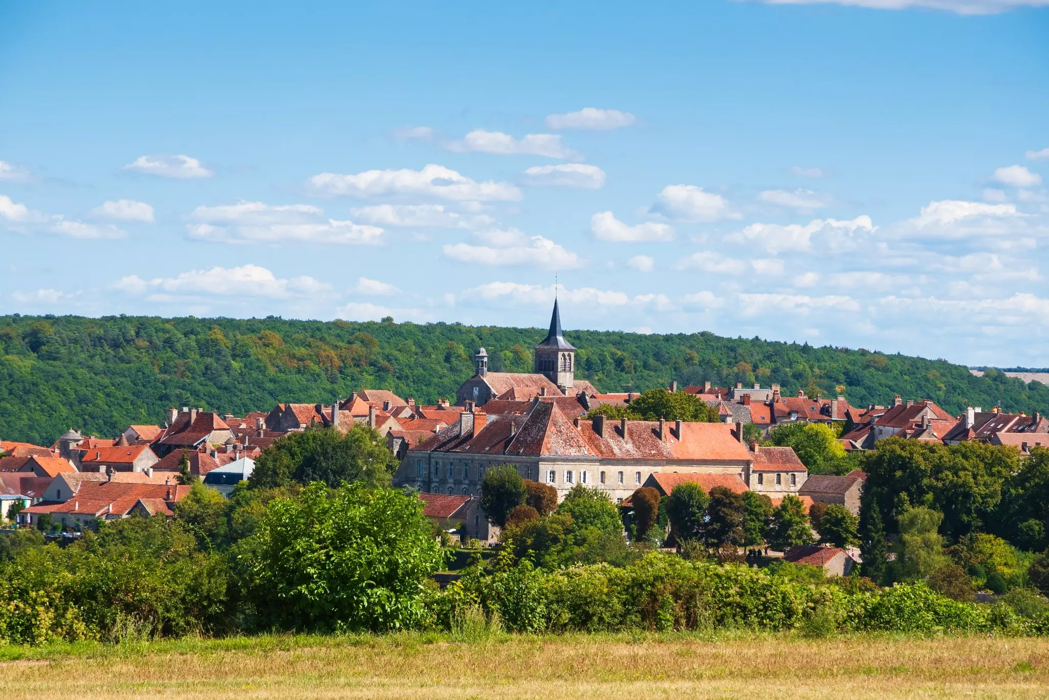 A small village with a central church surrounded by woodland and fields.