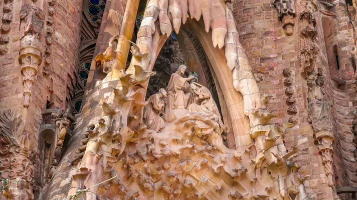 A shot of the nativity scene on the east side of La Sagrada Familia
