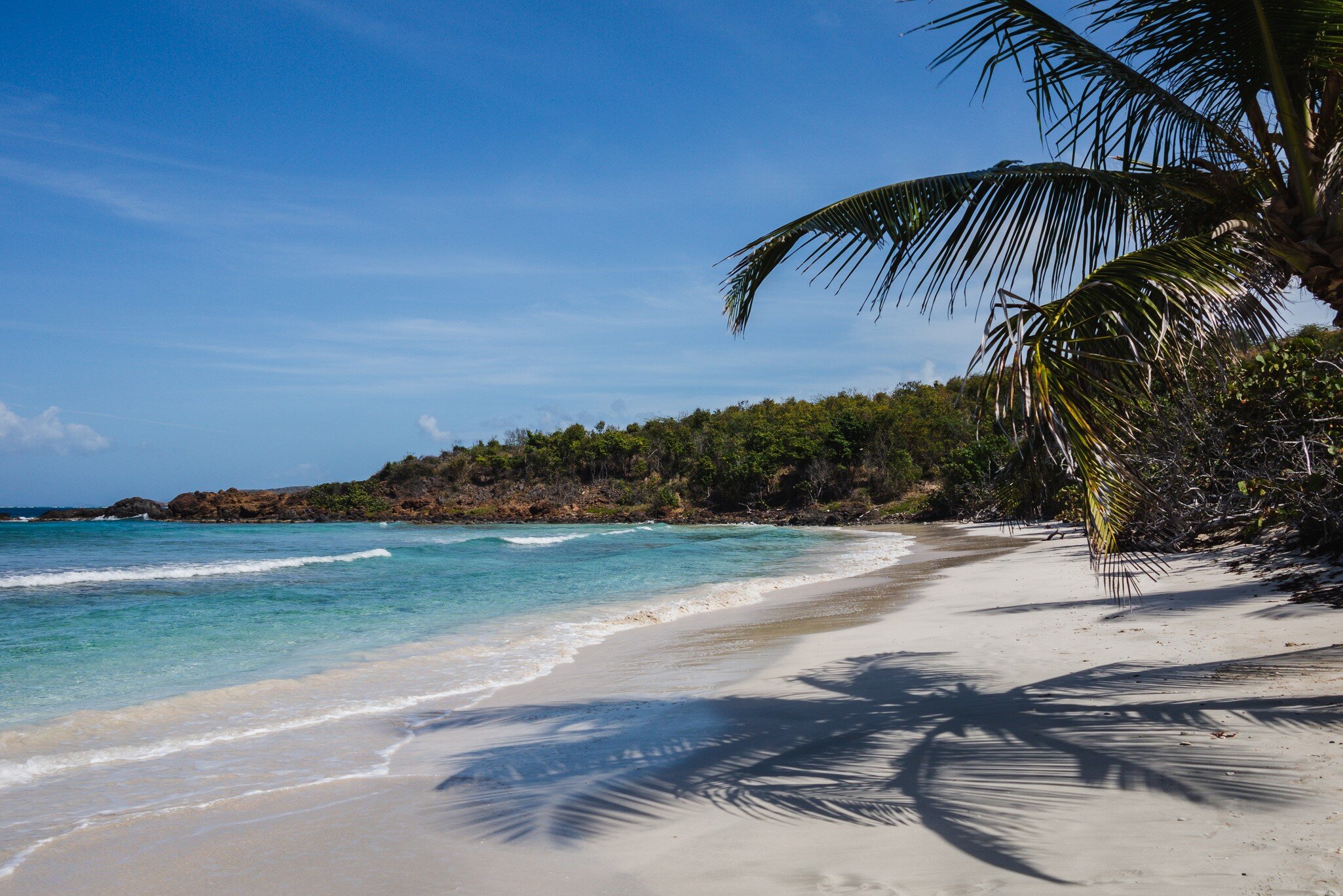 The Caribbean Sea and white sand backdrop of Playa Zoni beach on a sunny day in Culebra, Puerto Rico; Shutterstock ID 1782964190;