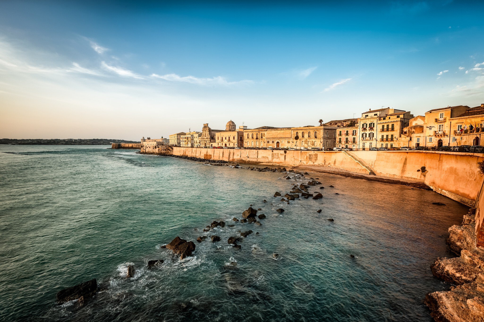 Coastline with old buildings, Ortygia, Syracuse.