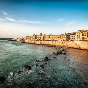 Coastline with old buildings, Ortygia, Syracuse.