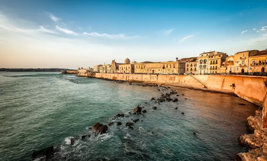 Coastline with old buildings, Ortygia, Syracuse.