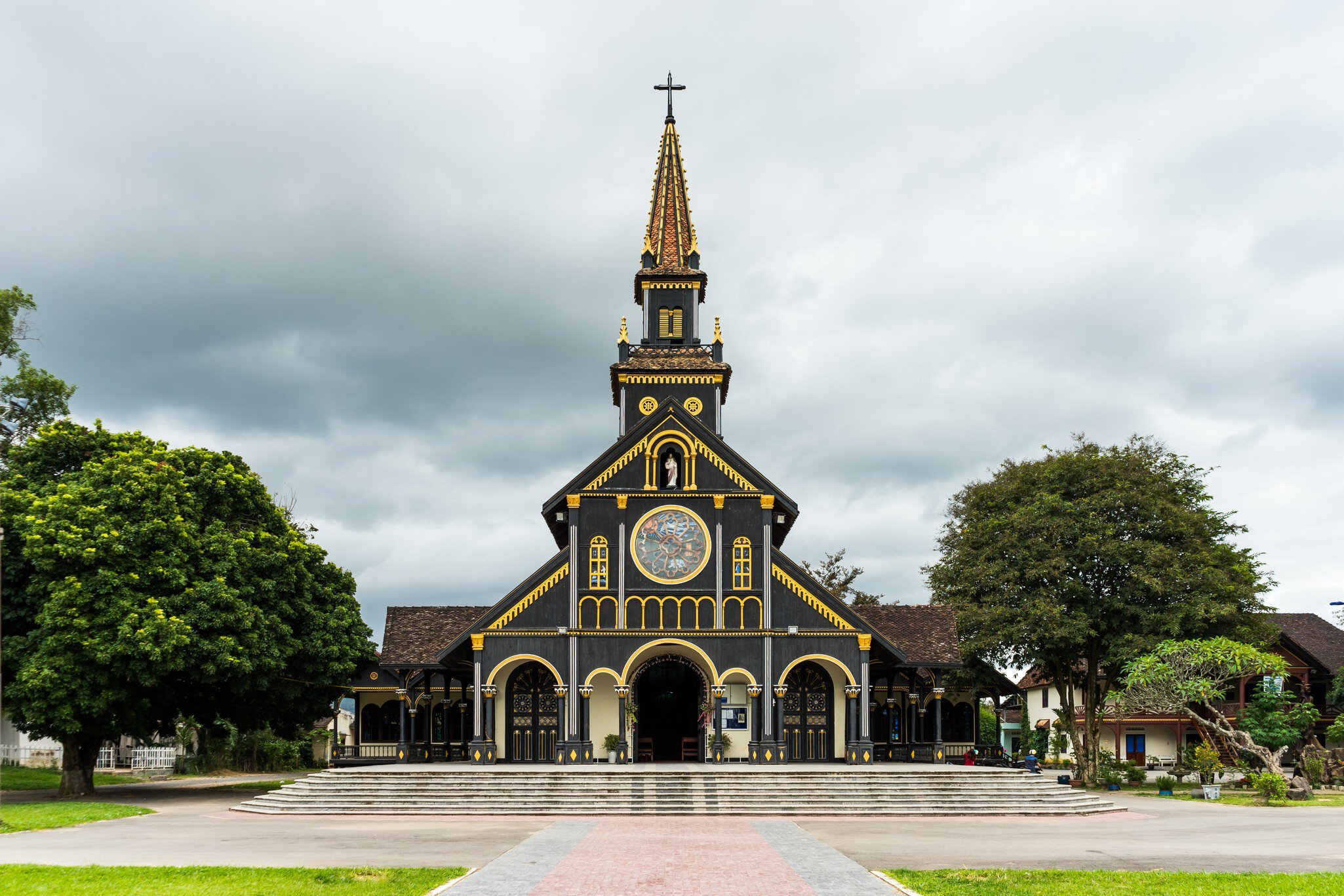 View of St Mary’s Cathedral, a historical wooden church in Kon Tum, Vietnam.