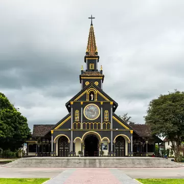 View of St Mary’s Cathedral, a historical wooden church in Kon Tum, Vietnam.