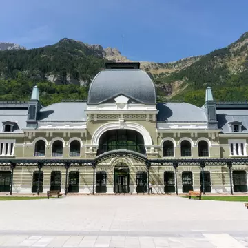 Cancfranc, Aragon, Spain; September 5, 2023: Entrance to the beautiful Canfranc international railway station (1925). Today, it is a luxury hotel managed by an important company in the sector.  License Type: media  Download Time: 2024-03-08T10:10:06.000Z  User: clairenaylor  Is Editorial: Yes  purchase_order:   