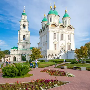 ASTRAKHAN, RUSSIA - SEPTEMBER 22, 2021: Prechistenskaya bell tower and Cathedral of the Assumption. Kremlin in Astrakhan; Shutterstock ID 2076415900;