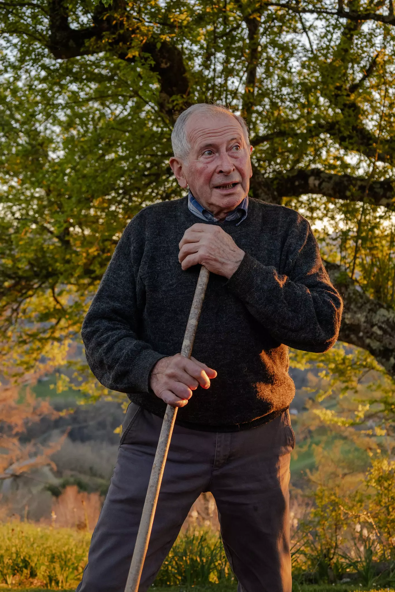An older man pauses on a hike. He leans on a walking stick as he talks to people in the sunlight.