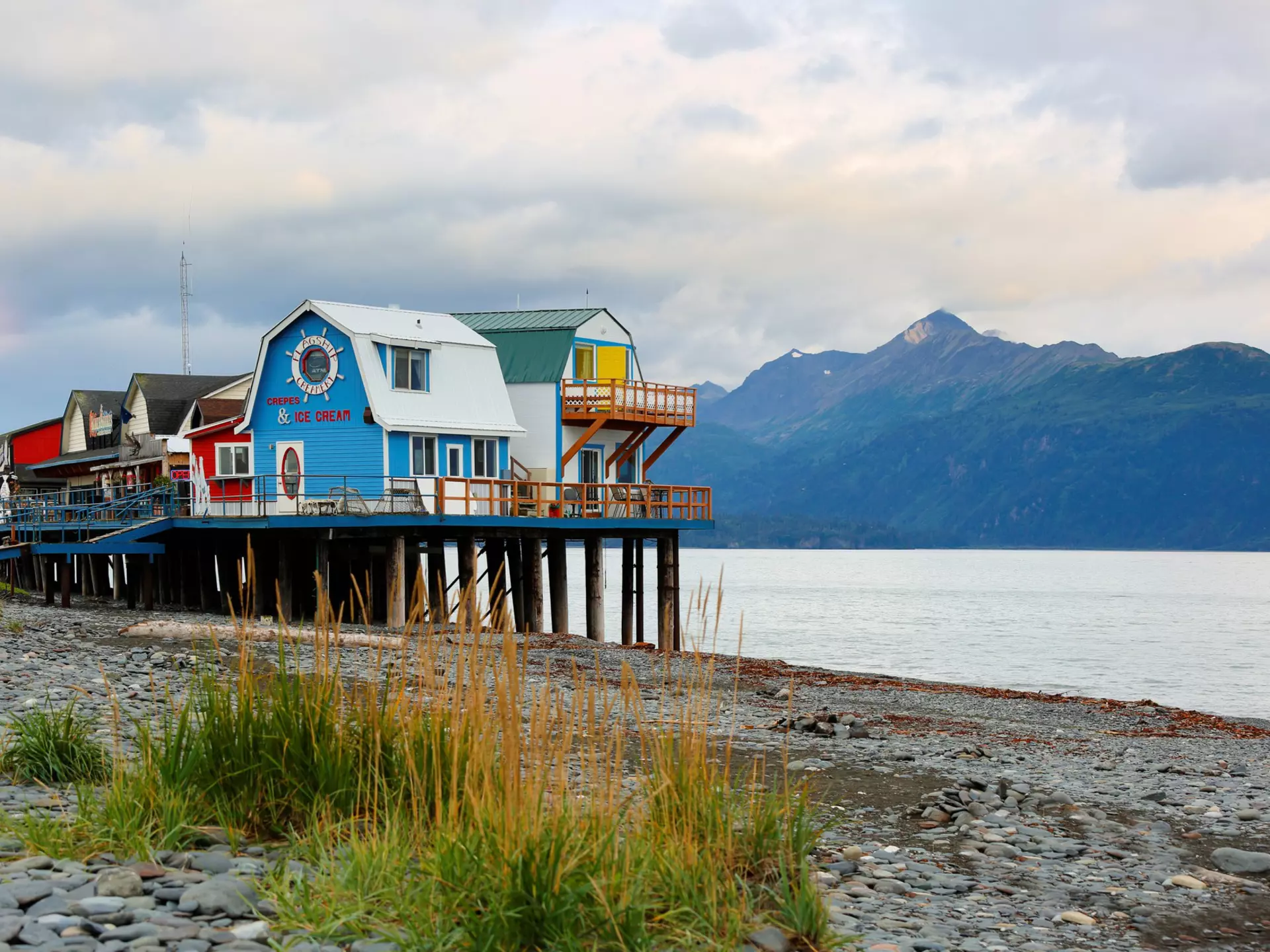 Small red shop at Home Spit Alaska after sunset. Homer is a small city on Kachemak Bay, on Alaska's Kenai Peninsula.