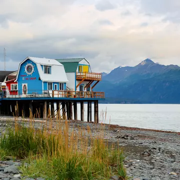 Small red shop at Home Spit Alaska after sunset. Homer is a small city on Kachemak Bay, on Alaska's Kenai Peninsula.