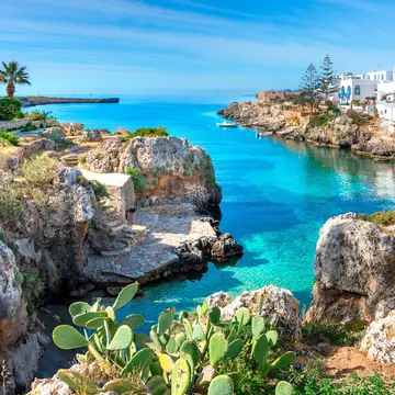 A village with white buildings is seen at the edge of a sea inlet with bright blue water.