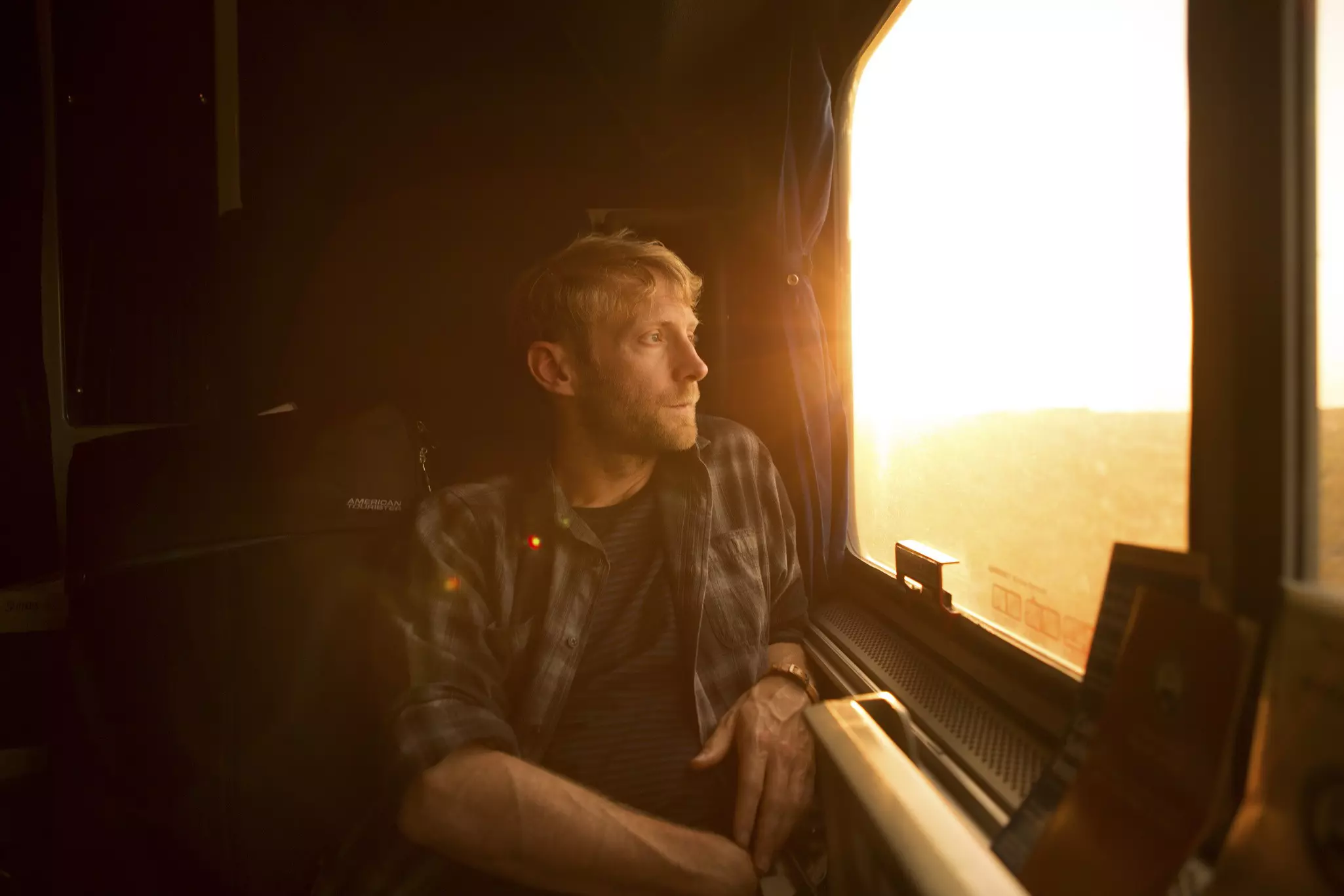 assenger takes in view from the Amtrak train.