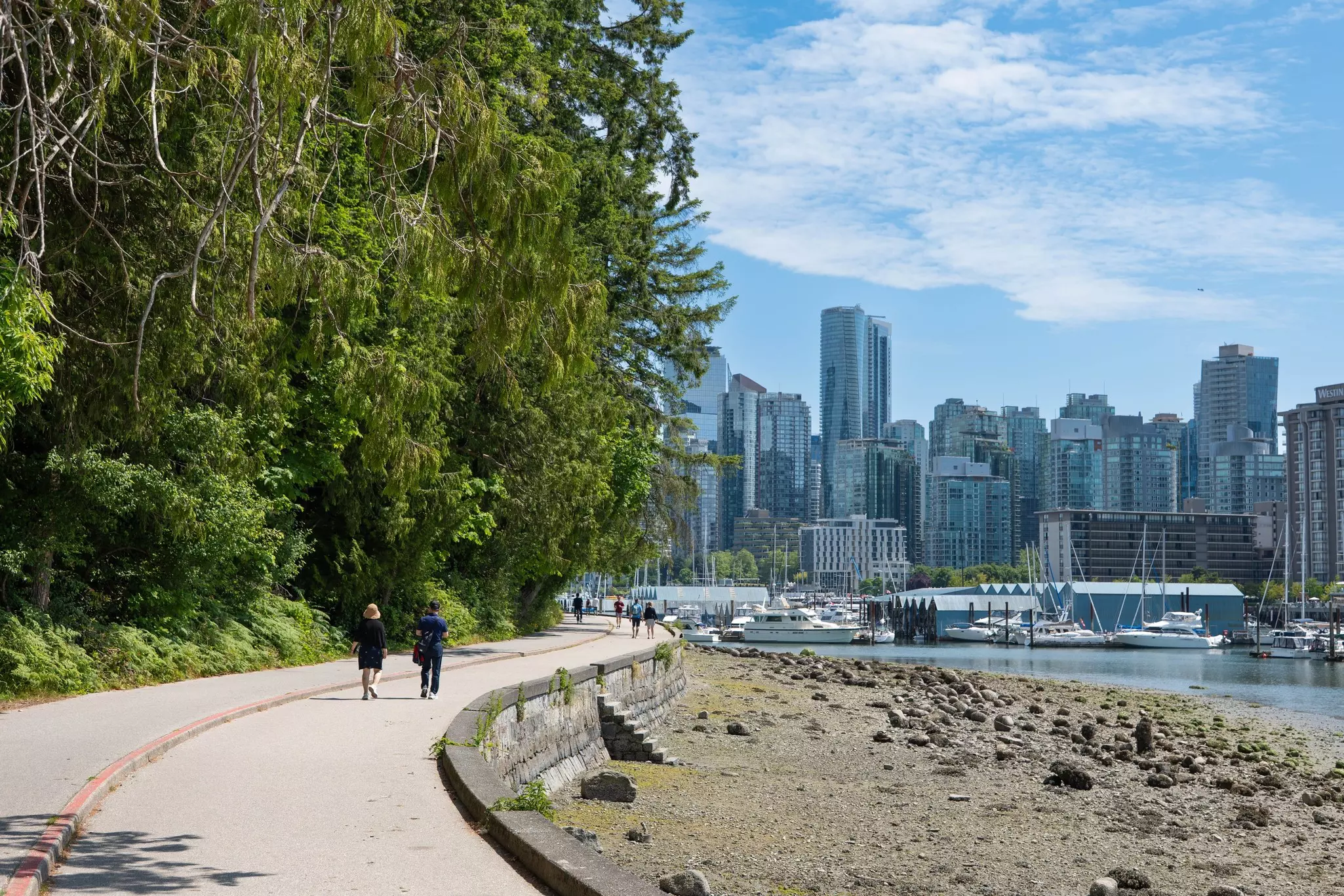 People walk on a curving pathway by a rocky shore; the skyline of Vancouver, Canada, is visible to the right.