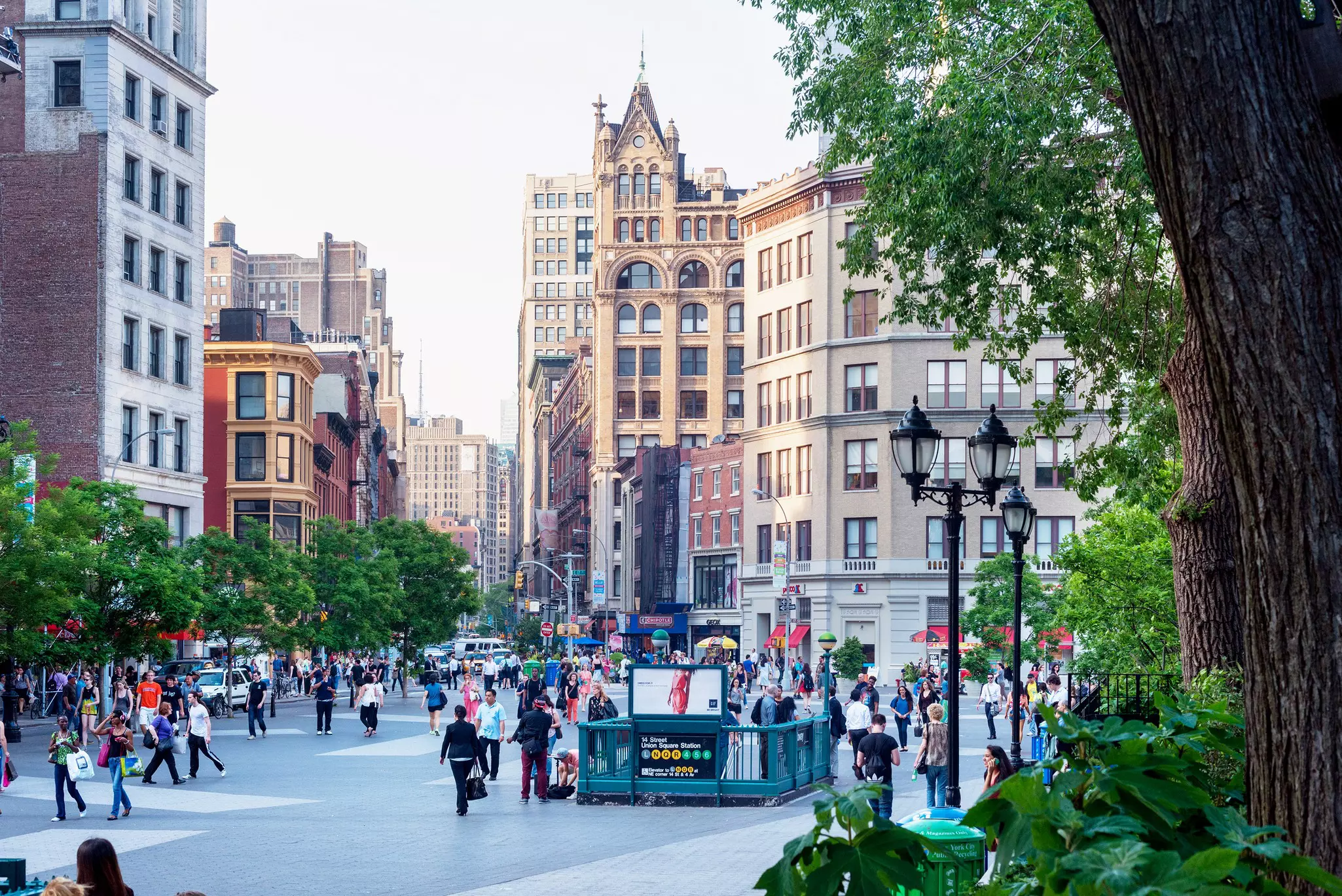 Scene at Union Square in New York City, New York in the evening. 
