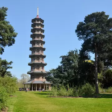 LONDON - APRIL 20, 2019. The octagonal Great Pagoda erected in 1762 in the Chinese style at Kew Gardens, Richmond, London, UK.; Shutterstock ID 1398226547;