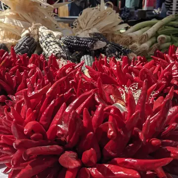 Red chiles and purple corn at the Santa Fe Farmers Market
