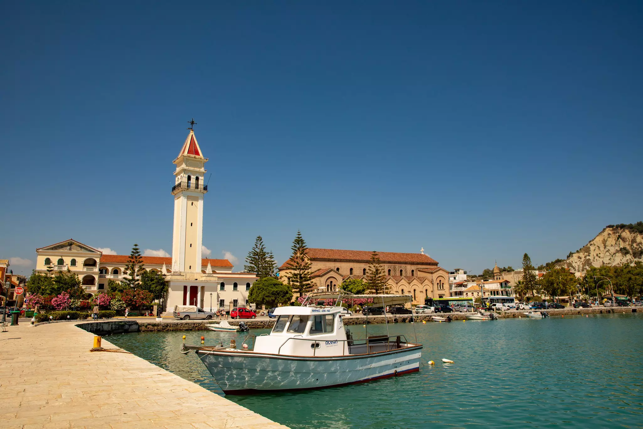Small boats docked at a harbor.