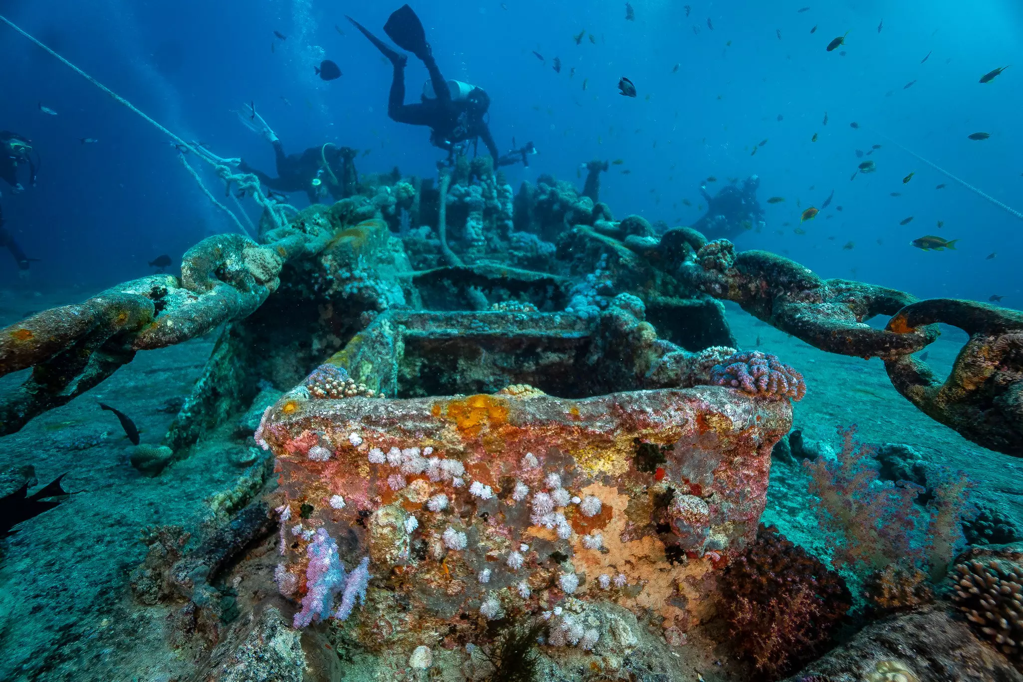 Divers on the wreck of the SS Thistlegorm, Red Sea, Egypt.