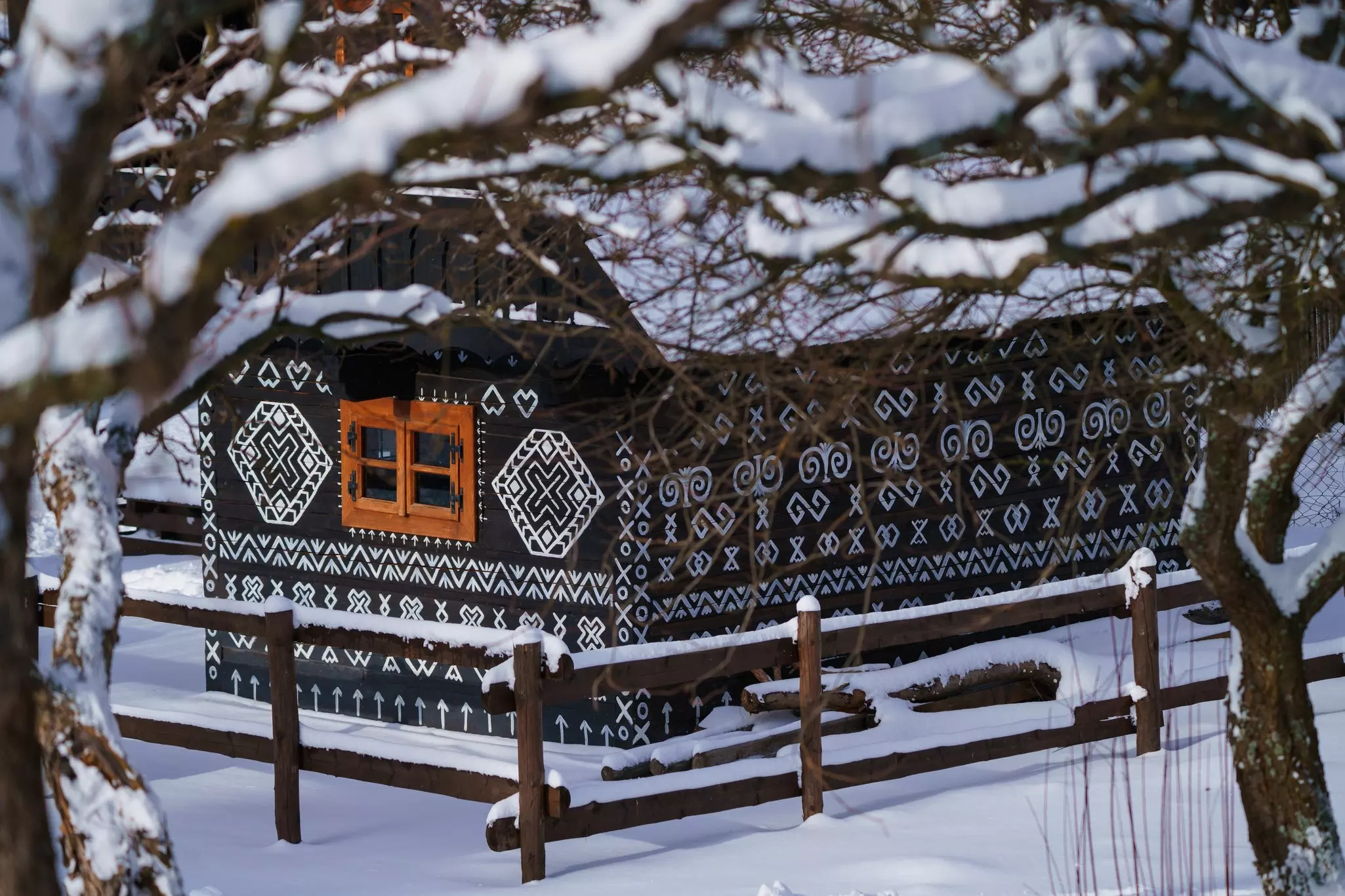Traditional patterns adorn houses in Čičmany, Slovakia