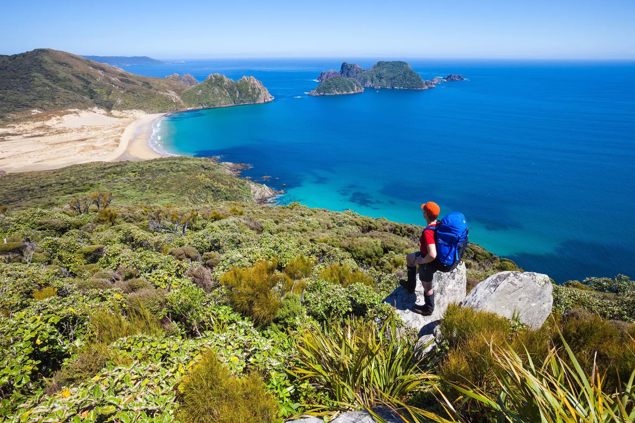 A hiker stands on a high ledge overlooking the coastline.