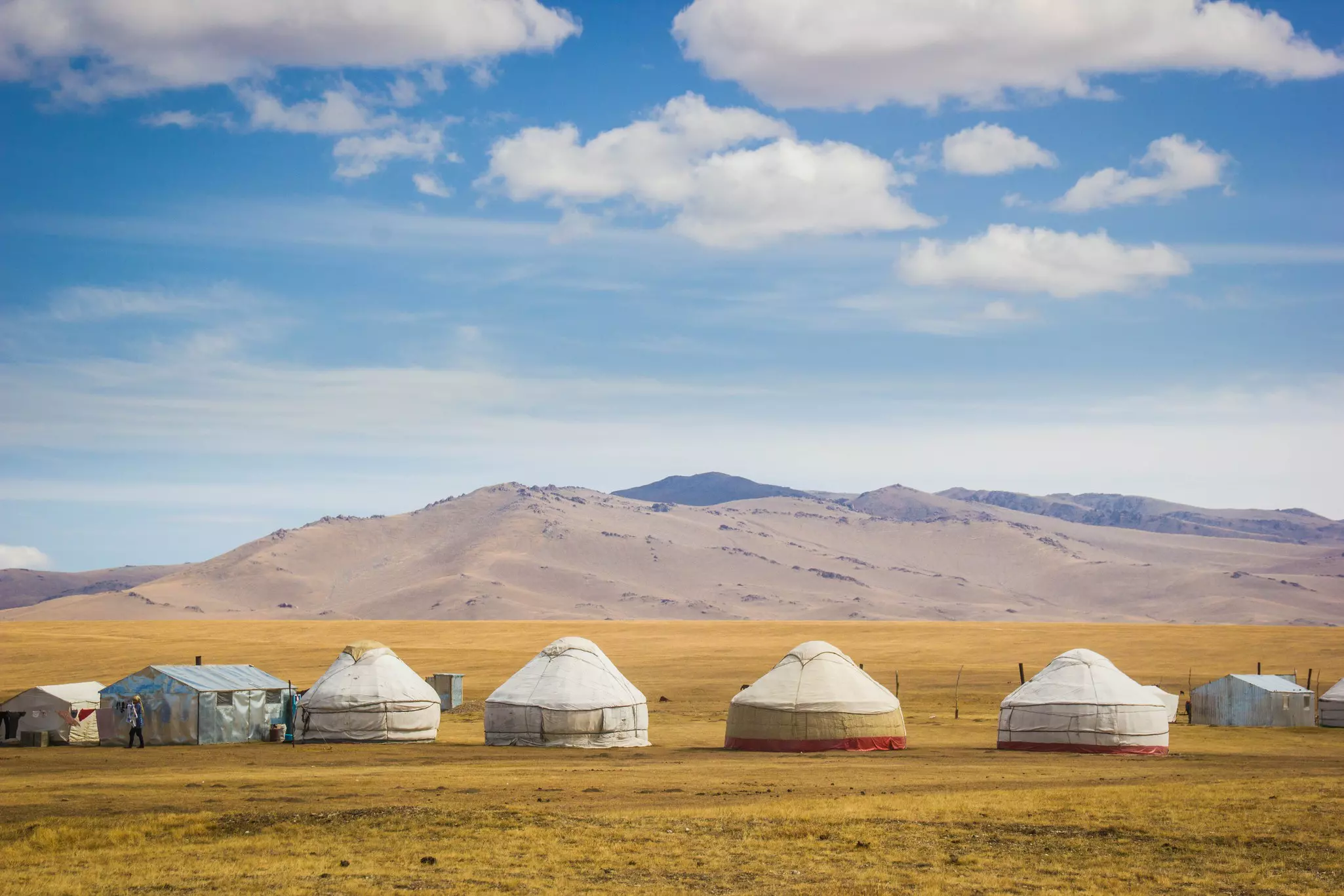 Mountains are foregrounded by yurts in a meadow near Song Kol Lake, Kyrgystan.