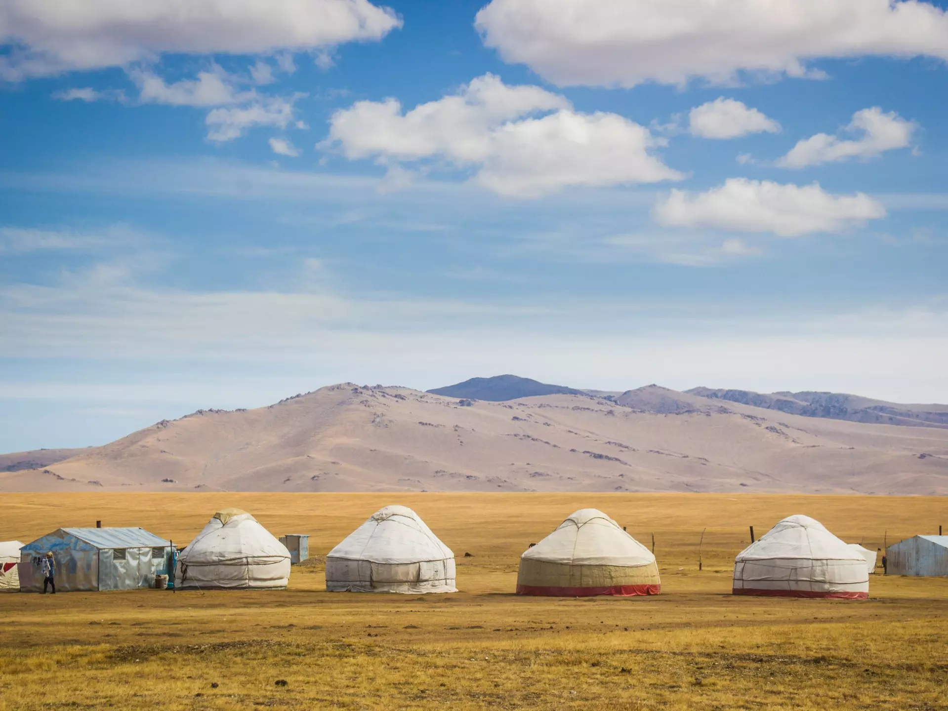 Mountains are foregrounded by yurts in a meadow near Song Kol Lake, Kyrgystan.