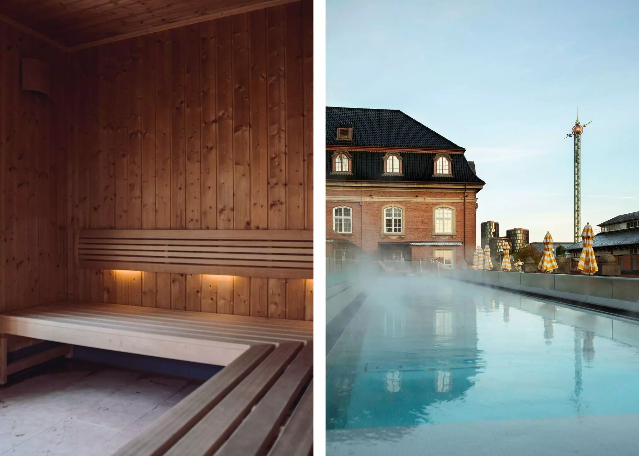 A stitched photo of a wooden sauna room on the left and a steaming rooftop pool on the right. Closed yellow and white umbrellas line one side of the pool.
