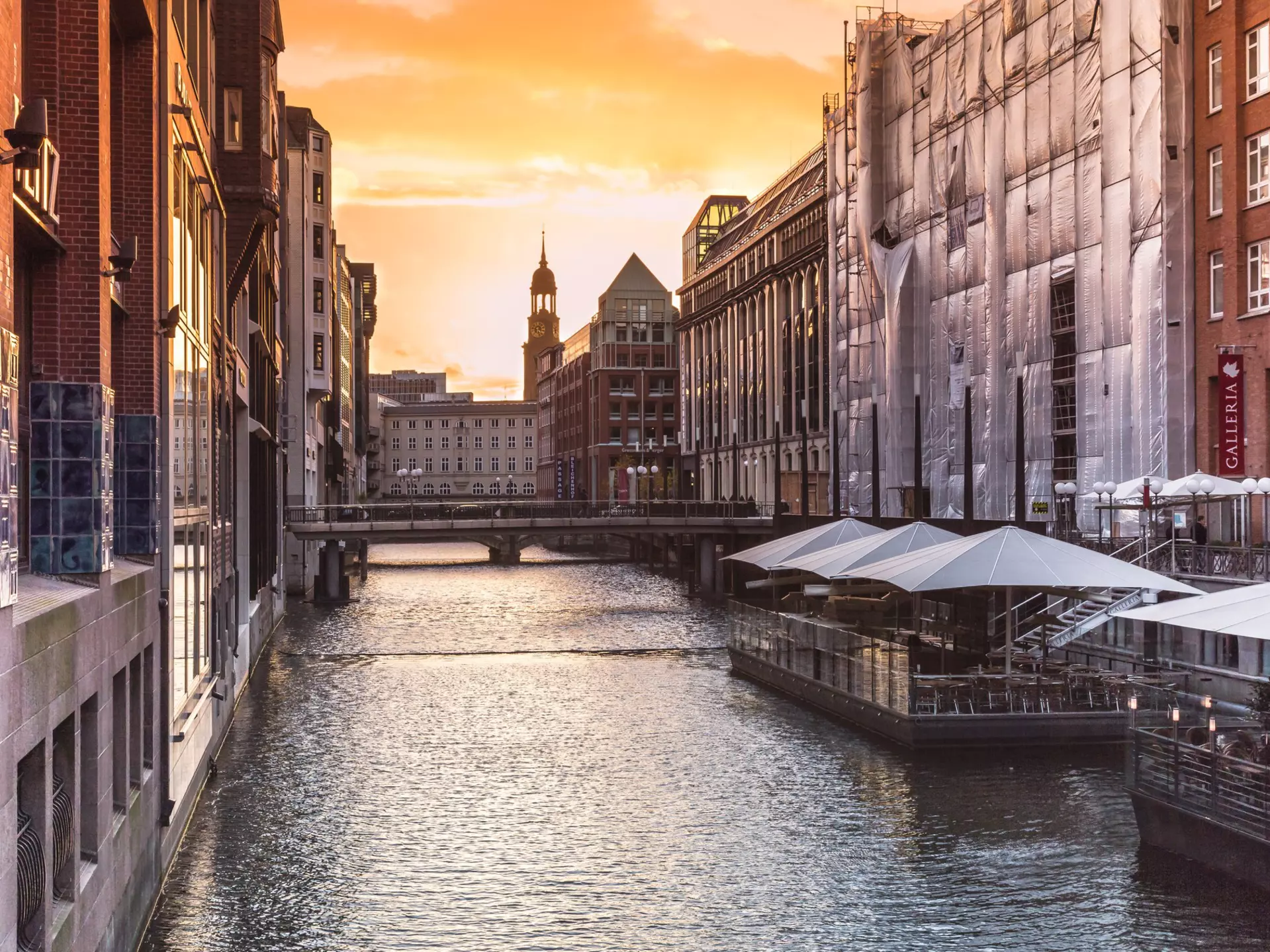 Sunset near the townhall at the small Alster river in Hamburg. Manuel Bischof / Getty Images