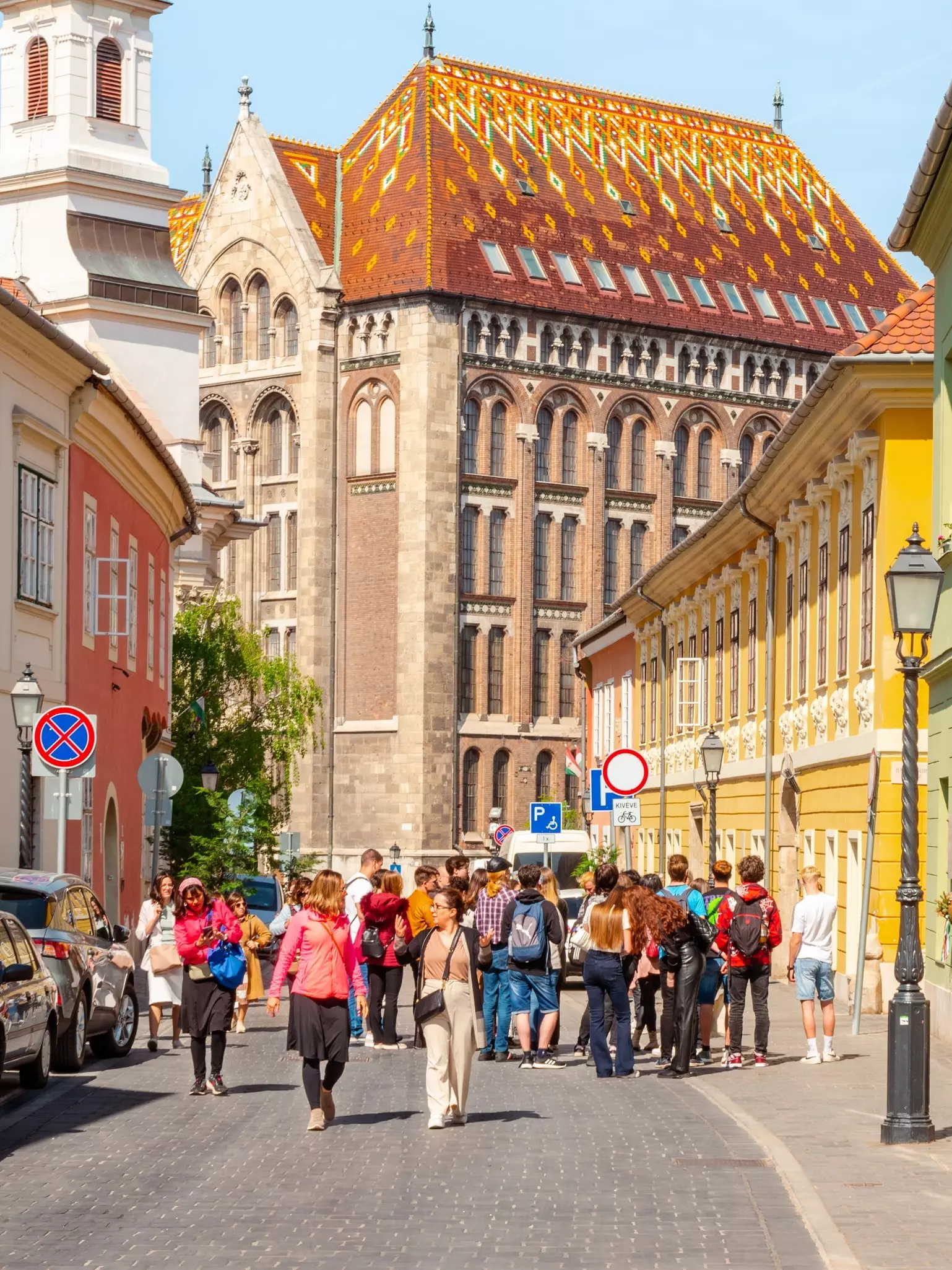 Group of tourists gathered on a cobble street. There are beautiful brightly coloured apartment buildings on either side and a castle with a tiled roof at the end.