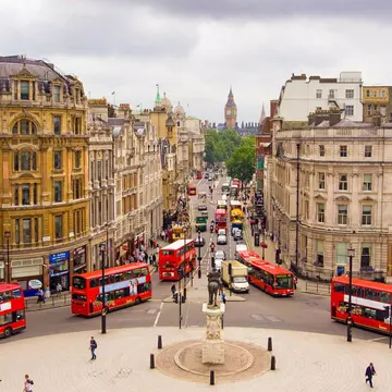 View of Trafalgar Square in London, UK.