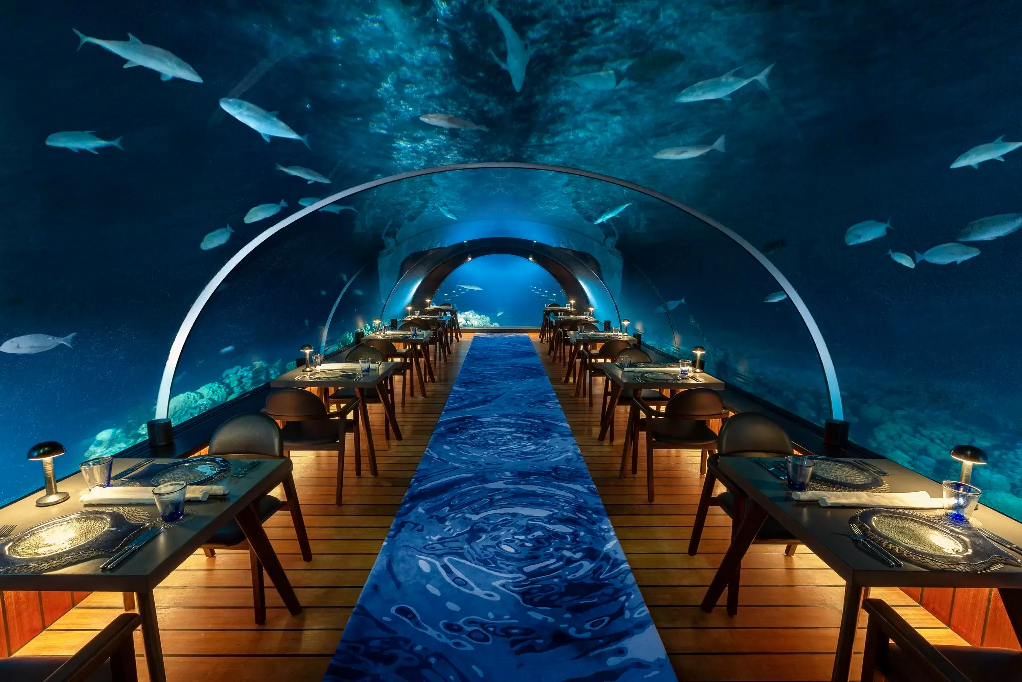 The dining room at 5.8 Undersea Restaurant at Hurawalhi Island Resort, Maldives
