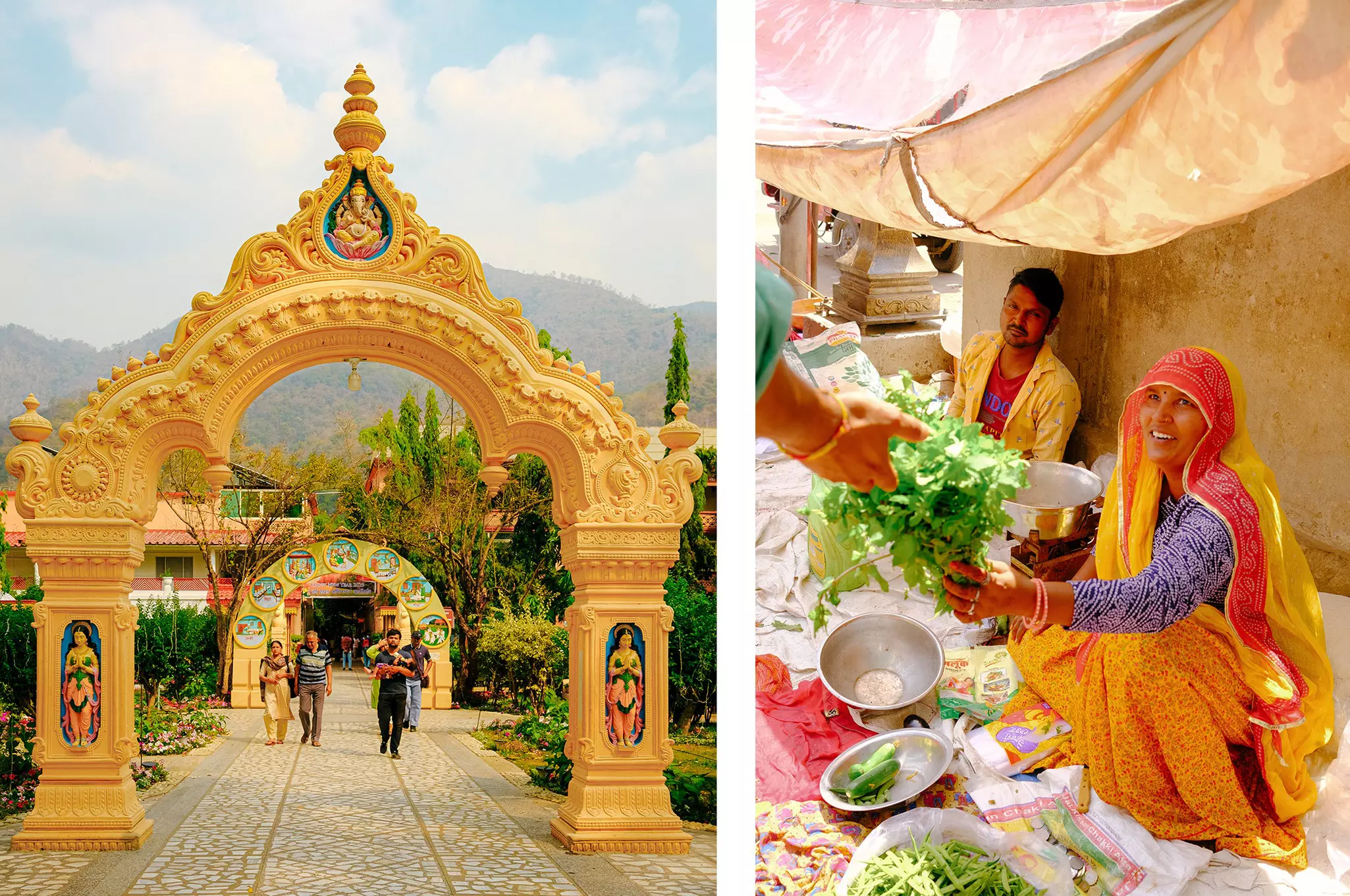 Left: People walk through golden arches on a pathway through a garden. Right: A woman wearing orange and purpler hands out samples of produce at a vegetable market.