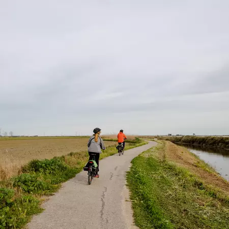 Two people on bicycles ride on a path by water in a flat grassy landscape.