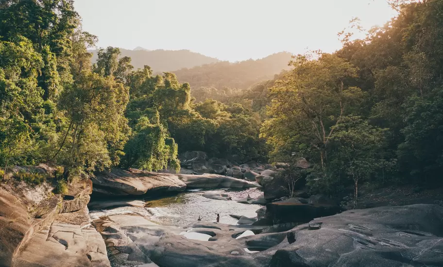 Aerial view of the Babinda Boulders in Queensland, Australia