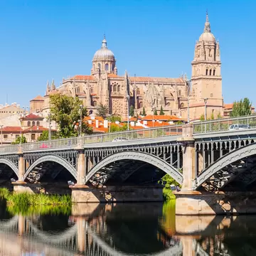 View of the Salamanca Cathedral from across the river in Spain.