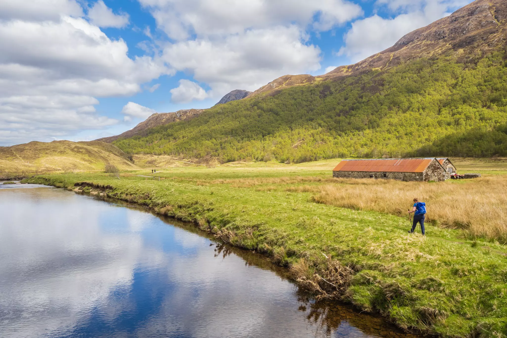 A hiker walking the Glen Affric circuit in the Scottish Highlands.