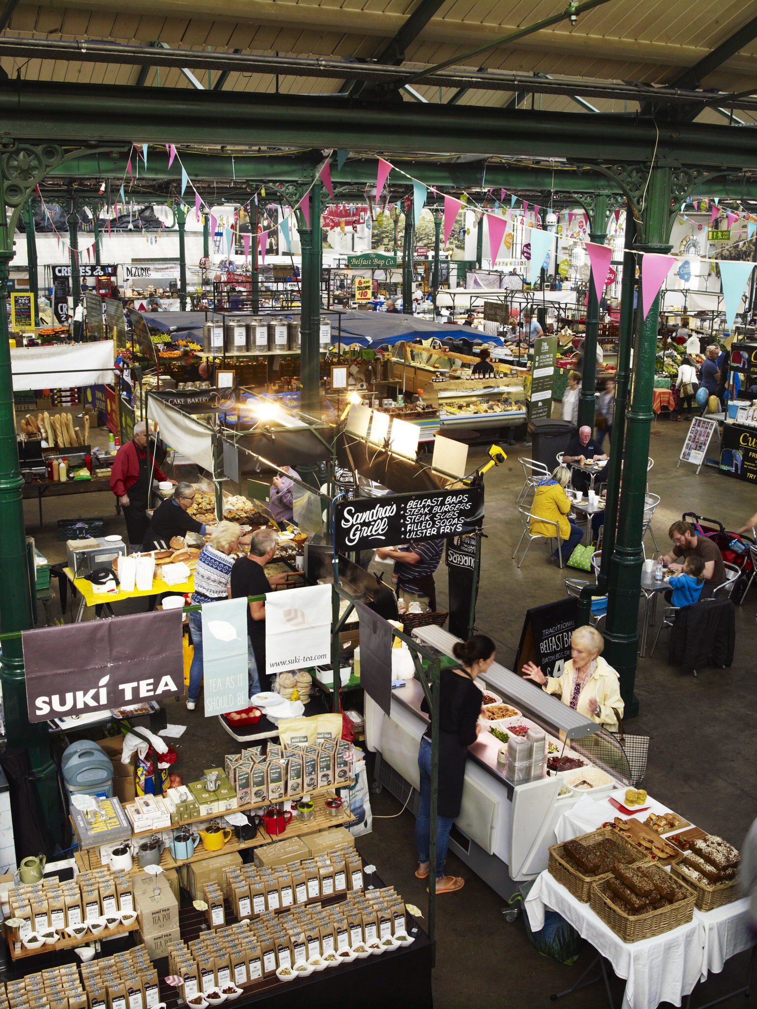 Overhead view of St George’s Market, which mixes producers and gourmet food, Belfast Covered Market. Belfast, Ireland.