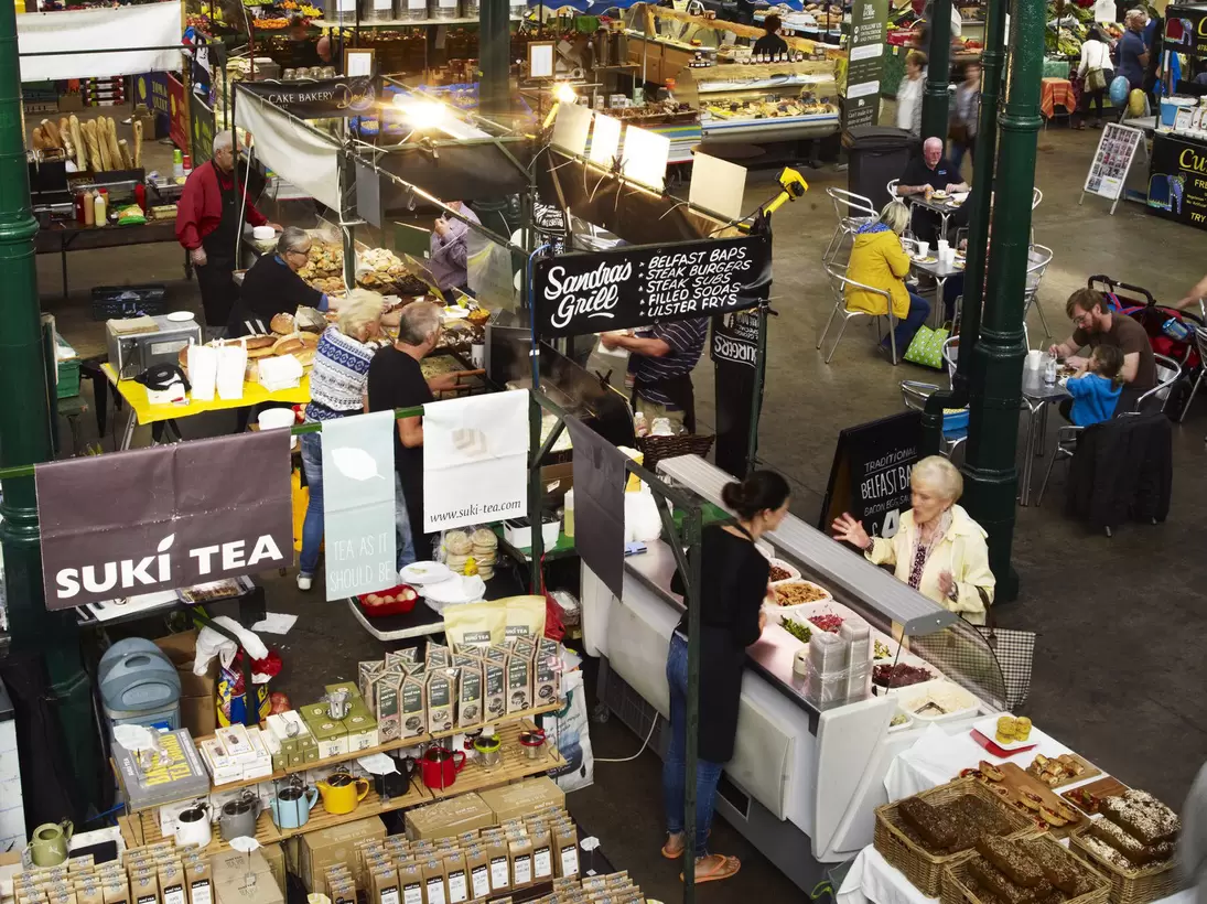 Overhead view of St George’s Market, which mixes producers and gourmet food, Belfast Covered Market. Belfast, Ireland.